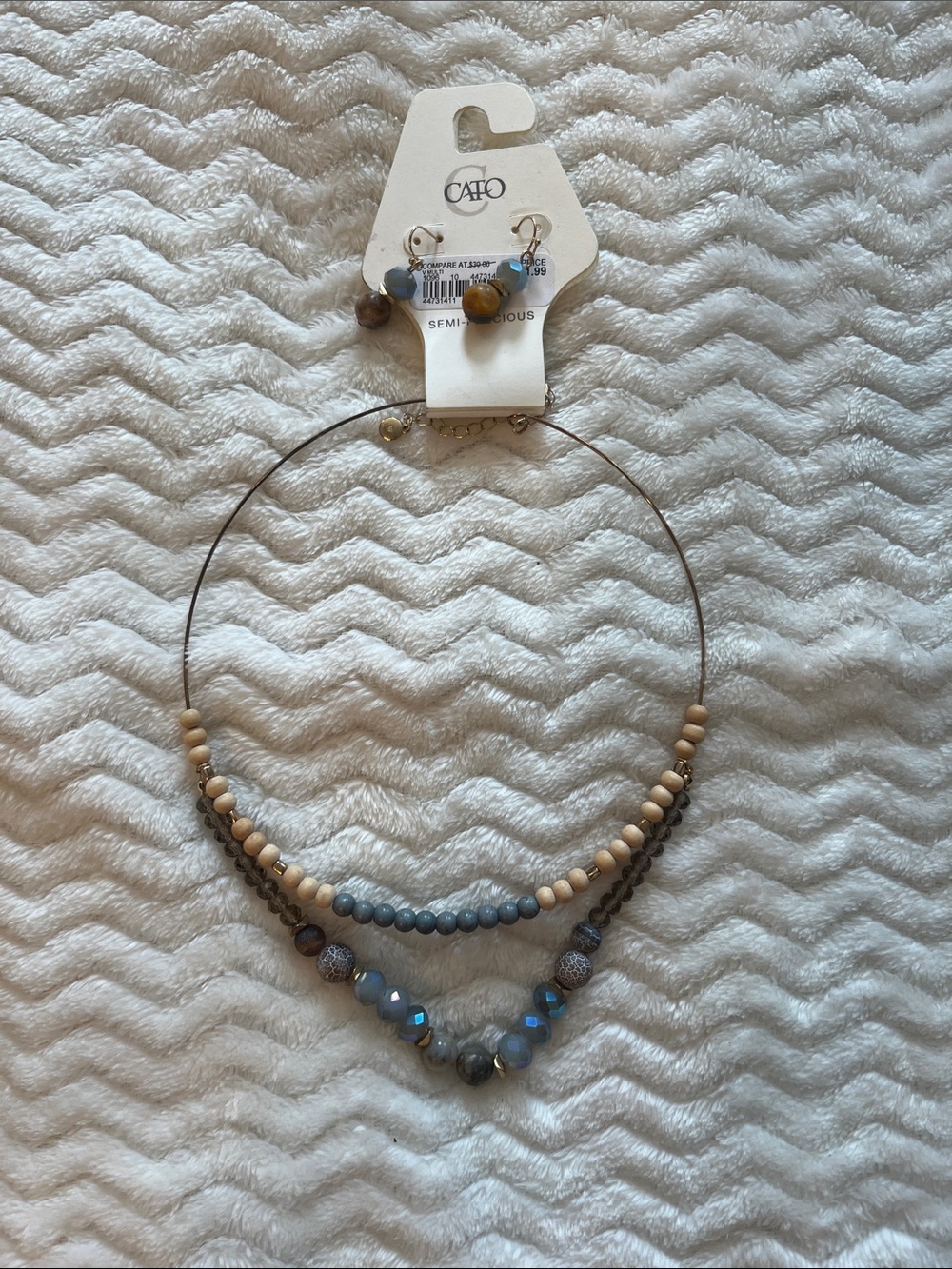 Cato Blue & Beige Layered Beaded Necklace with Earrings